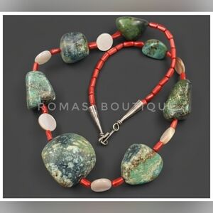 Turquoise and coral Navajo sterling silver hook Vintage necklace